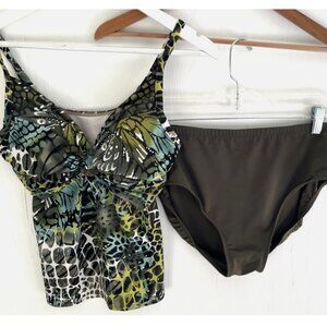 MIRACLESUIT Magic Suit Green Animal Print Knot Tankini Top & Bottoms Size 12